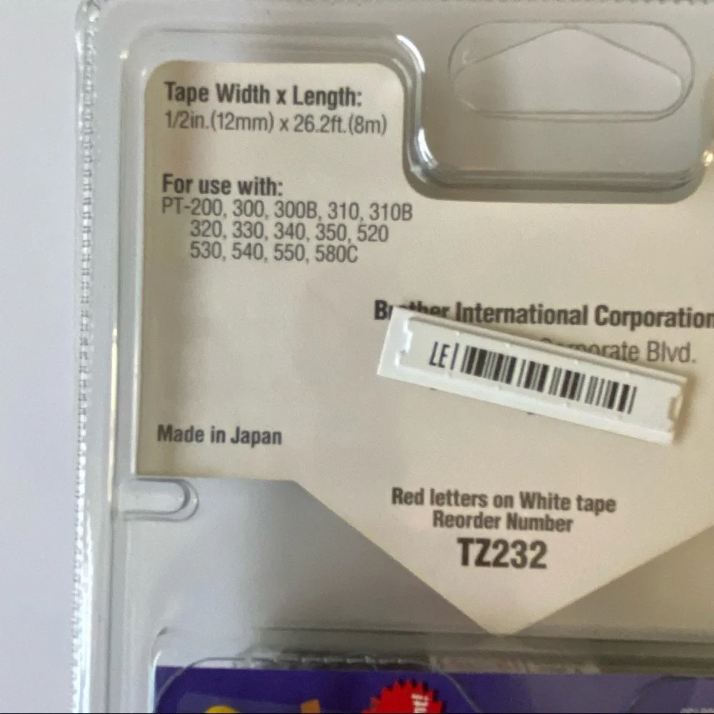 Brother P-Touch TZ-232 12mm 1/2 “ NEW Red on White Laminated Tape 26 Ft.